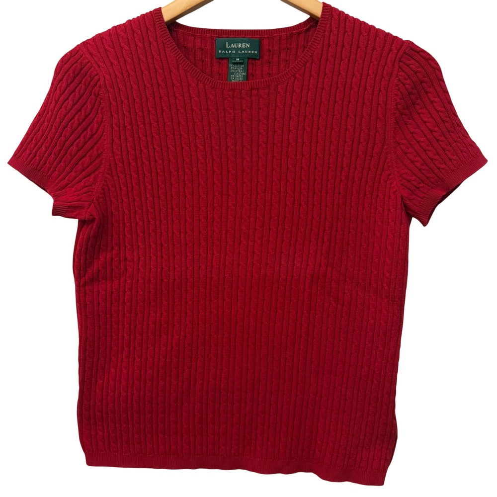 Lauren Ralph Lauren Women Sz Md Red Cable Knit Short Sleeve Sweater Old Money